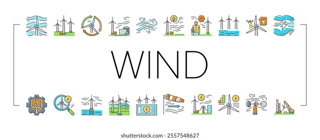 wind turbine power energy farm icons set vector. electric environment, generator industry, sustainable green, renewable turbine, mill wind turbine power energy farm color line illustrations