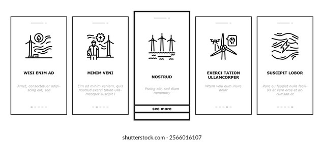 wind turbine power energy farm onboarding mobile vector electric environment, generator industry, sustainable green, renewable turbine, mill wind turbine power energy farm illustrations