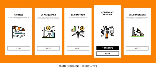 wind turbine power energy farm onboarding mobile vector electric environment, generator industry, sustainable green, renewable turbine, mill wind turbine power energy farm illustrations