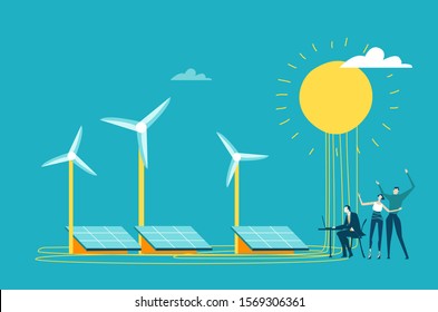 Wind turbine power generators process and solar batteries.  Alternative energy sources, eco friendly future, safe the planet concept.  Alternative energy sources, eco friendly future