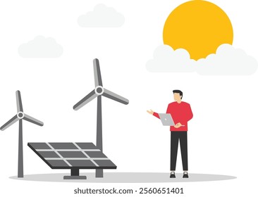 Wind turbine power generators process and solar batteries. Alternative energy sources, eco friendly future, safe the planet concept. Alternative energy sources, eco friendly future

