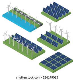 Wind turbine power. Isometric clean energy concept. Wind power. Blue Solar panels. Flat isometric. Modern alternative energy. Set of Ecological energy.