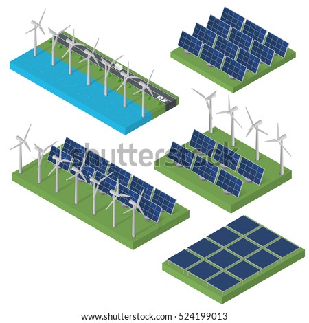 Wind turbine power. Isometric clean energy concept. Wind power. Blue Solar panels. Flat isometric. Modern alternative energy. Set of Ecological energy.