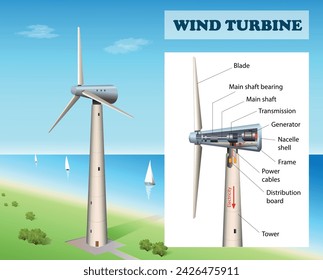 Wind turbine. Wind power plants structure diagram. Science education vector 3d illustration