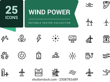 Wind turbine and power related icons. Pixel perfect, minimalistic web and UI icon. Outline icon collections. Editable vector illustration.