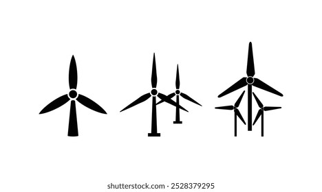 Wind turbine power symbol icon. Wine turbine icon showing wind power, Windmill silhouette. Wind power plant. Wind turbine. Sustainable and alternative energy. Renewable and clean energy.