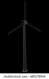 Wind turbine with propeller. Windmill generator wireframe low poly mesh. Vector illustration