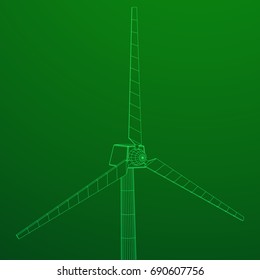 Wind turbine with propeller. Windmill generator wireframe low poly mesh. Vector illustration