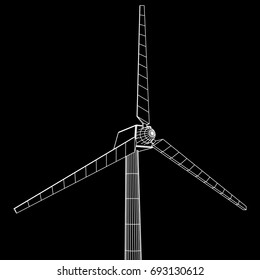 Wind turbine with propeller. Windmill generator wireframe low poly mesh. Vector illustration