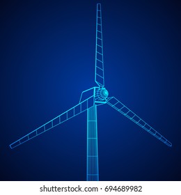 Wind turbine with propeller. Windmill generator wireframe low poly mesh. Vector illustration