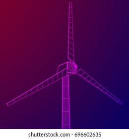 Wind turbine with propeller. Windmill generator wireframe low poly mesh. Vector illustration