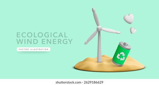 Wind Turbine and Recyclable Battery Representing Clean Energy, Sustainability, and Eco Power Generation in 3D Minimalist Style with Floating Hearts. Ideal for Green Concepts. Vector Illustration.