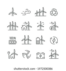 Wind turbine related icons: thin vector icon set, black and white kit
