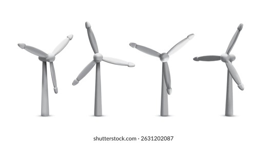 Wind Turbine, Renewable Energy, Clean Electricity And Sustainable Power Concept With 3D Minimal White Windmills On White Background. Eco Friendly Technology Symbol. Vector Illustration