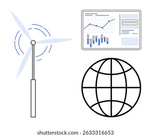 Wind turbine with rotating blades, global network symbol, and analytics screen displaying graphs and charts. Ideal for sustainability, energy analysis, global connectivity, data analytics