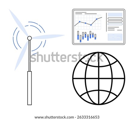 Wind turbine with rotating blades, global network symbol, and analytics screen displaying graphs and charts. Ideal for sustainability, energy analysis, global connectivity, data analytics