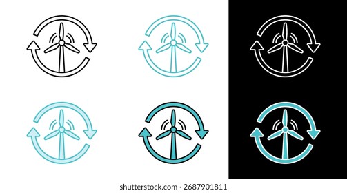 Wind turbine with rotation arrows icon for clean energy cycle in line and fill style