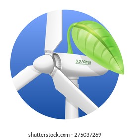 Wind turbine rotor closeup view. Wind-powered electrical generator covered with a green leaf as a symbol of green eco energy vector illustration.