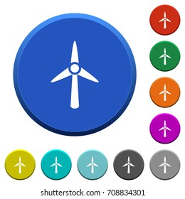 Wind turbine round color beveled buttons with smooth surfaces and flat white icons