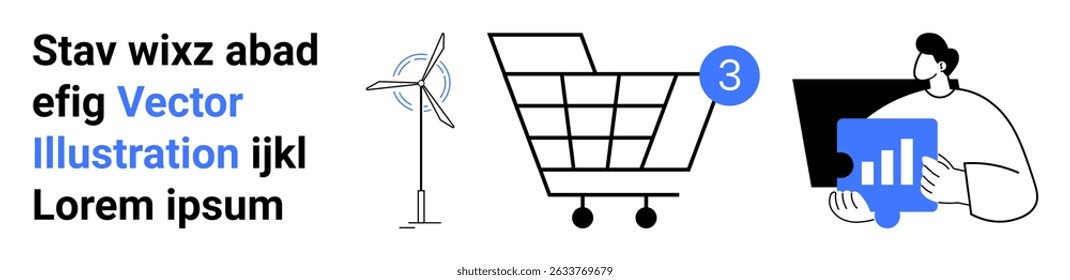 Wind turbine, shopping cart with notification, person analyzing data on laptop. Ideal for online shopping, sustainable energy, data analysis, digital commerce, technology, statistical analysis