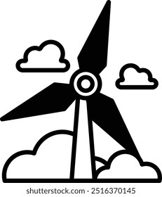 A wind turbine is shown in the foreground of a cloudy sky. Concept of energy and movement, as the wind turbine is designed to harness the power of the wind. The cloudy sky adds a sense of depth