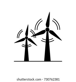 Wind turbine silhouette icon in flat style. Rotating windmill symbol isolated on white background. Alternative renewable energy source.