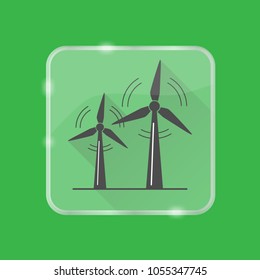 Wind turbine silhouette icon with long shadow in flat style on transparent button. Rotating windmill symbol isolated. Alternative renewable energy source.