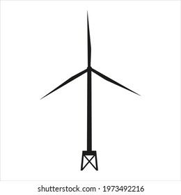 Wind turbine silhouette in the sea. Wind tower. Offshore wind generator icon. Isolated black and white vector illustration.