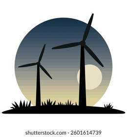 Wind Turbine Silhouette at Sunset, Renewable Energy Illustration. Wind Turbine vector design.