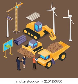 Wind turbine site construction isometric 3d vector concept for banner, website, illustration, landing page, flyer, etc.