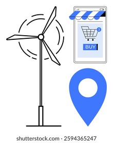 Wind turbine and a smartphone displaying an online shopping cart with a geolocation pin symbol. Ideal for themes of renewable energy, e-commerce, geolocation, modern technology, and sustainability