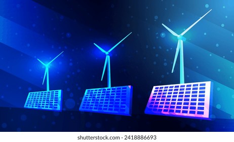 Wind turbine and solar cell technology low poly wireframe on blue background. renewable energy sources digital concept. Vector illustration fantastic hi tech design.