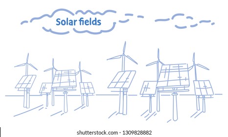 wind turbine solar energy panel fields renewable station alternative electricity source concept photovoltaic district sketch flow style horizontal