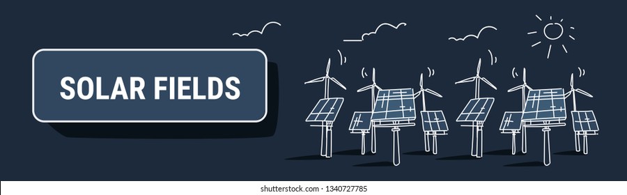 wind turbine solar energy panel fields renewable station alternative electricity source concept photovoltaic district sketch dark background horizontal banner