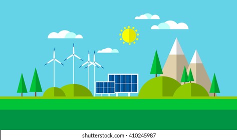 Wind Turbine Solar Energy Panel. Mountain Background Flat Vector Illustration