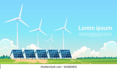 Wind Turbine Solar Energy Panel Renewable Station Flat Vector Illustration