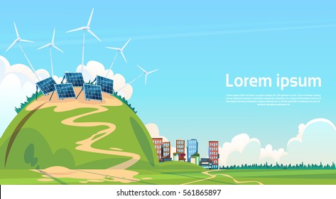 Wind Turbine Solar Energy Panel Renewable Station Flat Vector Illustration
