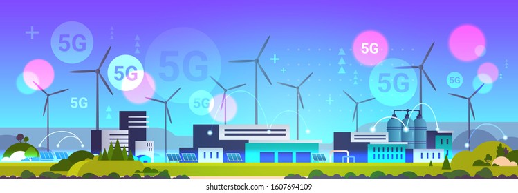 wind turbine solar panel alternative energy source 5G online wireless system connection industrial plant power station clean nature ecology environment concept horizontal vector illustration