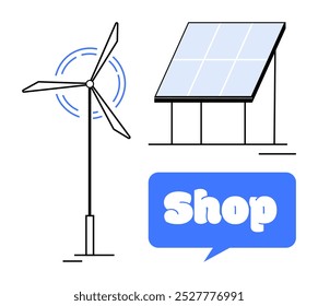 Windturbine und Sonnenkollektor mit einer blauen Sprechblase, die das Wort Shop enthält. Ideal für erneuerbare Energien, umweltfreundliche Produkte, grüne Technologie, Nachhaltigkeit und Online-Shopping. Einfach