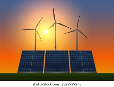 Turbina eólica con panel solar durante el atardecer. Fuentes de energía renovable. Energía limpia y verde.