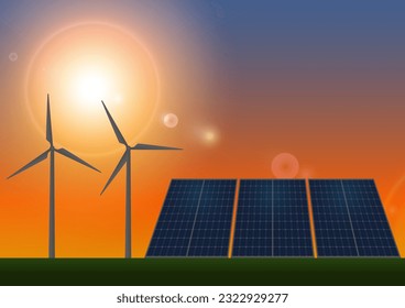 Turbina eólica con panel solar durante el atardecer. Fuentes de energía renovable. Energía limpia y verde.