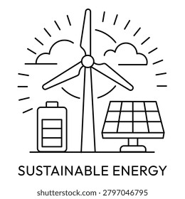 Wind Turbine and Solar Panel Eco Line Icon with Editable Stroke