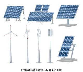 Wind turbine and solar panel ecology green energy innovation generator set isometric vector illustration. Alternative innovative renewable sustainable source eco friendly windmill power technology