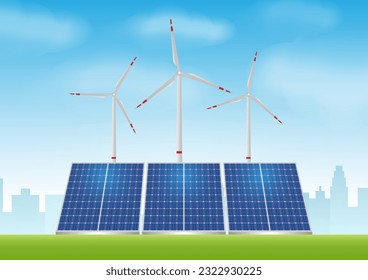 Wind Turbine with Solar Panel. Green City. Alternative Clean and Green Energy. Eco-Friendly Concept. Vector Illustration. 