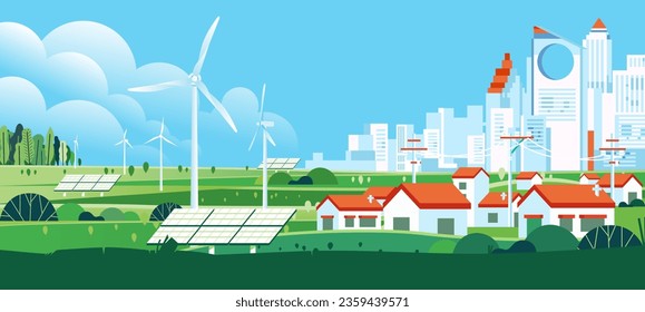 Wind Turbine and solar panel In Green Eco city Background Alternative renewable alternative Energy Source Technology banner