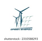 Wind turbine and solar panel icon, green energy and power generation, vector electric windmill. Sustainable energy production technology icon of wind mill turbines and solar panel for eco power