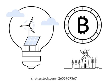 Wind turbine and solar panel inside light bulb, Bitcoin symbol, windmills and crops. Ideal for renewable energy, eco-friendly technology, cryptocurrency, innovation, sustainability, green energy