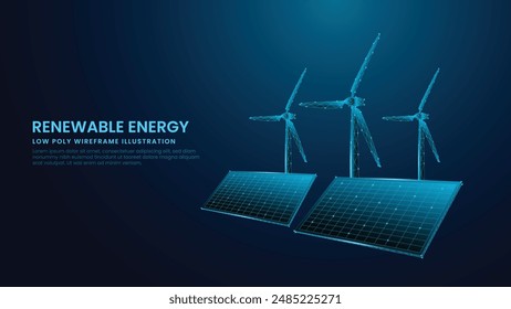 Wind Turbine and Solar Panel Low Poly Wireframe on Blue Technological Background. Renewable Energy, Solar Energy, Sustainable Energy Concept Vector Illustration