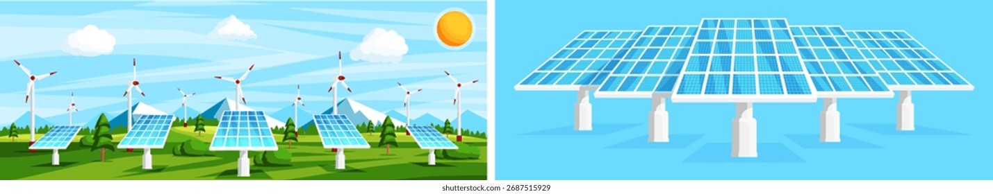 Ilustração de conjunto de turbina eólica e painel solar. Produção sustentável de energia. Cenário de tecnologia de recursos renováveis para energia limpa.