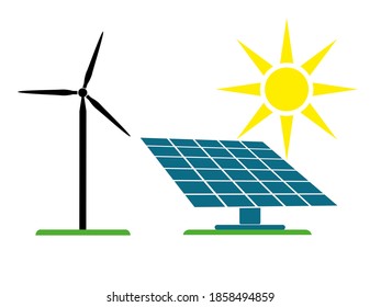Windturbine und Solarpaneele, Vektorgrafik einzeln auf weißem Hintergrund